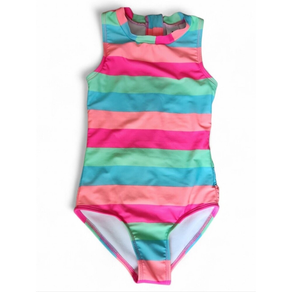 Art Class Sweet Summer One-Piece Swimsuit S 6/7 Multi-Striped Sleeveless Zipper